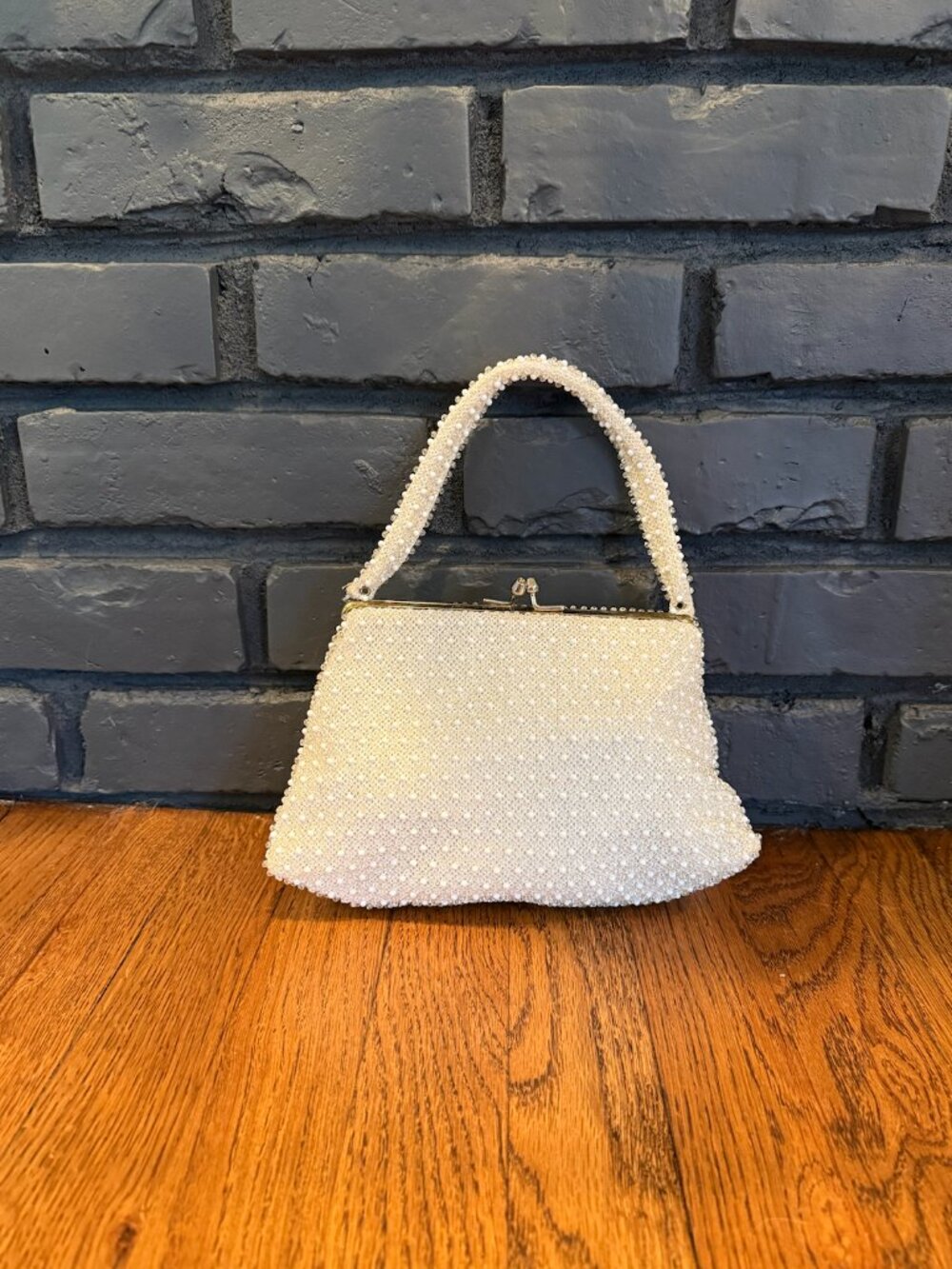 Vintage 1950s Corde Bead Faux Pearl Seed Bead Hand Beaded Purse